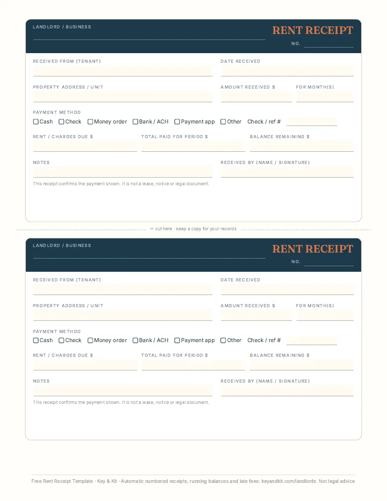 Free fillable rent receipt template, two receipts per page