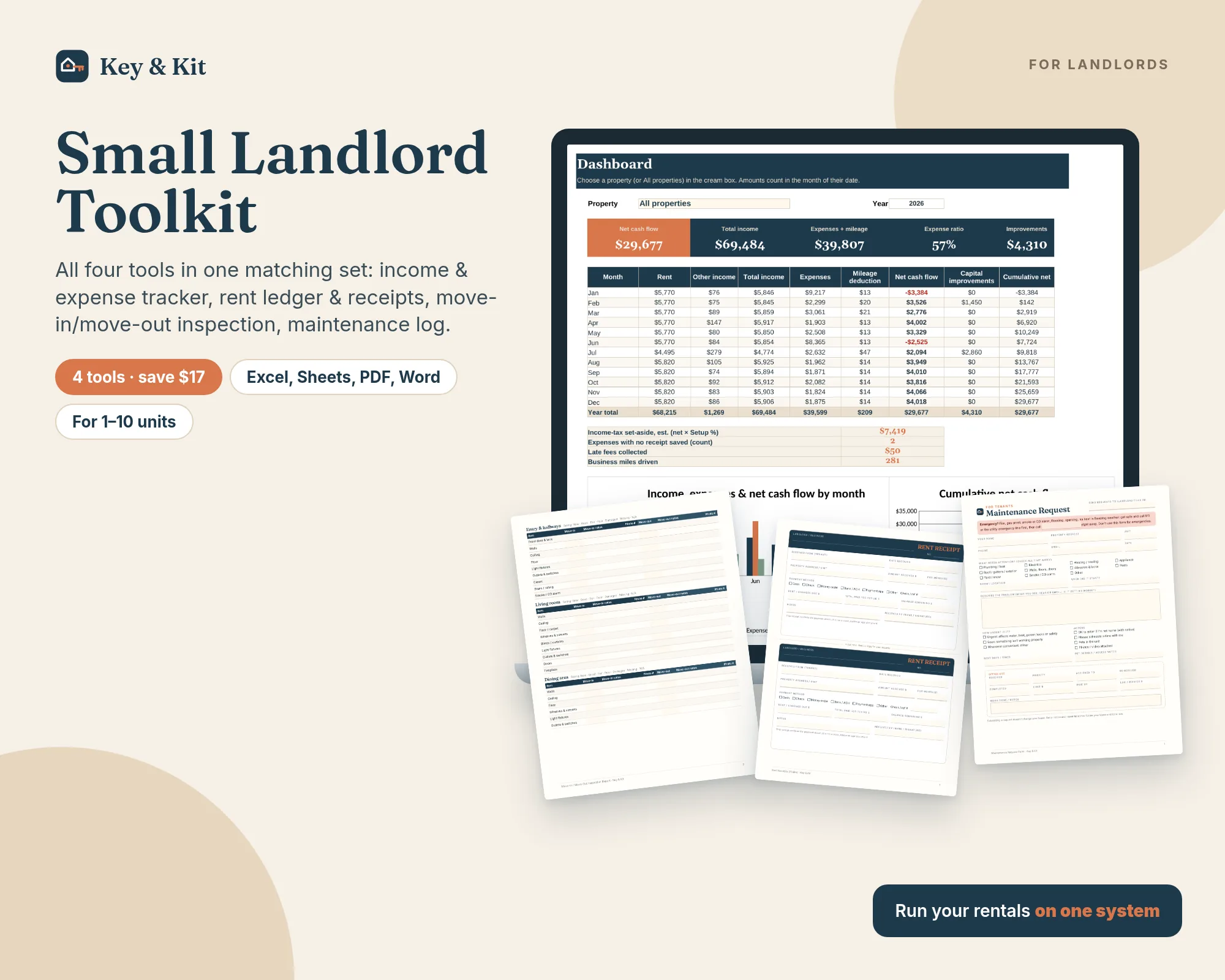 Small Landlord Toolkit: tracker dashboard, rent receipt, inspection checklist and maintenance request form